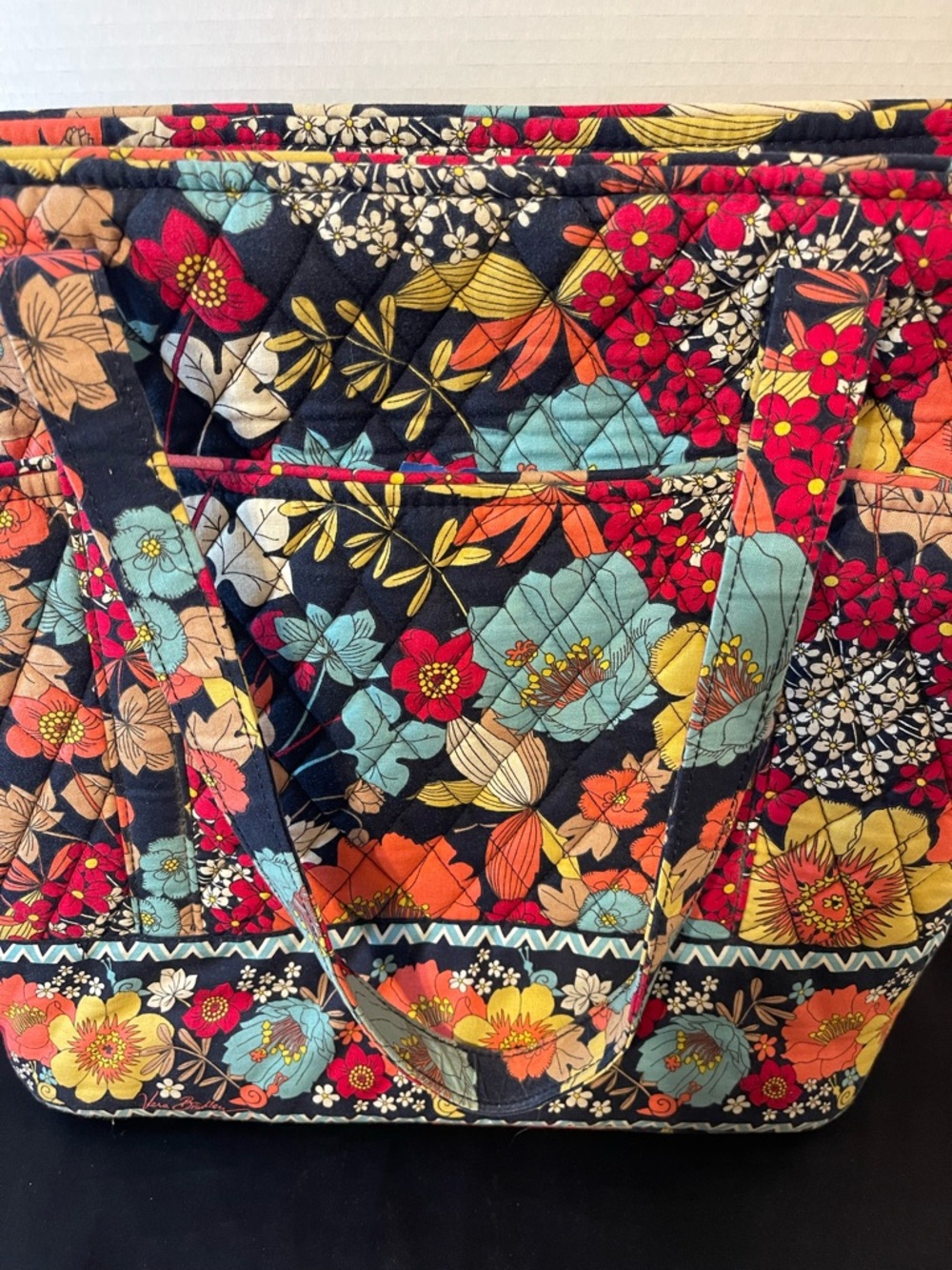 Vera Bradley Quilted Floral Tote with Coral, Turquoise & Yellow Accents - Picture 4 of 11